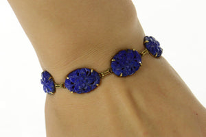 14K Carved Floral Lapis Lazuli Statement Bracelet 7" Yellow Gold