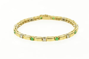 14K 1.38 Ctw Natural Emerald Diamond Bar Link Bracelet 6.75" Yellow Gold