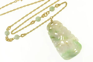 14K Carved Floral Jade Talisman Statement Chain Necklace 22.25" Yellow Gold