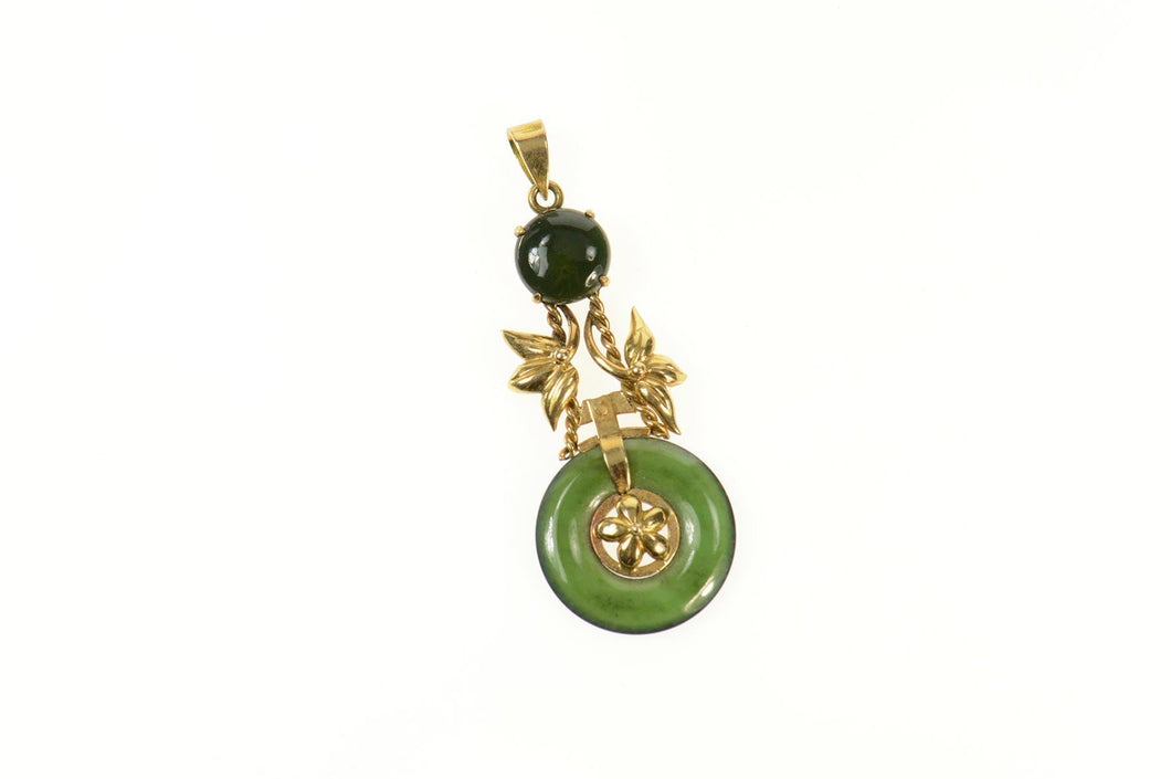 14K Ornate Carved Nephrite Floral Drop Statement Pendant Yellow Gold