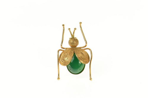 14K Green Agate Stylized Bug Beetle Fly Retro Pin/Brooch Yellow Gold