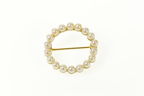 14K Classic Retro Pearl Circle Round Statement Pin/Brooch Yellow Gold