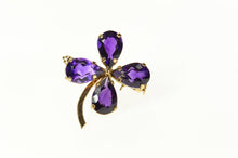 Load image into Gallery viewer, 14K Retro Syn. Amethyst Clover Shamrock Pin/Brooch Yellow Gold