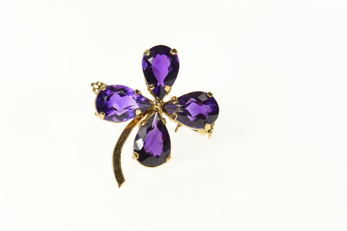 14K Retro Syn. Amethyst Clover Shamrock Pin/Brooch Yellow Gold