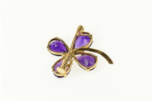 Load image into Gallery viewer, 14K Retro Syn. Amethyst Clover Shamrock Pin/Brooch Yellow Gold