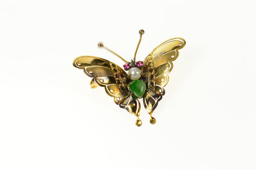 10K Retro Jade Pearl Sim. Ruby Butterfly Pin/Brooch Yellow Gold