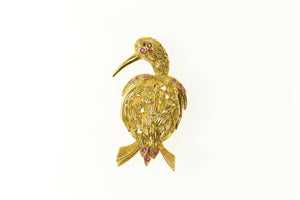 14K Ornate 1960's Syn. Ruby Bird Heron Pin/Brooch Yellow Gold