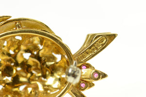 14K Ornate 1960's Syn. Ruby Bird Heron Pin/Brooch Yellow Gold
