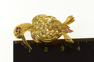 14K Ornate 1960's Syn. Ruby Bird Heron Pin/Brooch Yellow Gold