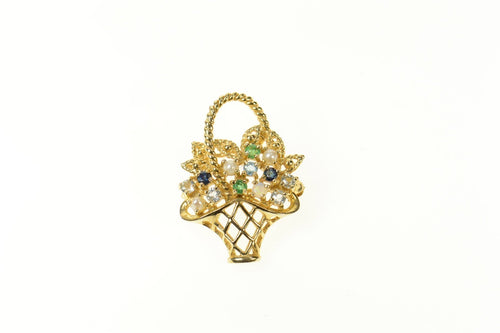 14K Bouquet Basket Floral Topaz Pearl Sapphire Pin/Brooch Yellow Gold