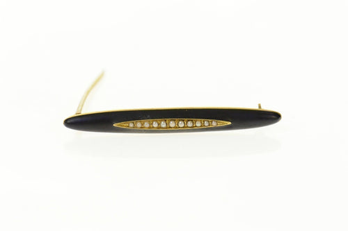 14K Black Onyx Seed Pearl Victorian Bar Pin/Brooch Yellow Gold