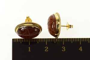 14K Carved Carnelian Scarab Retro Stud Earrings Yellow Gold