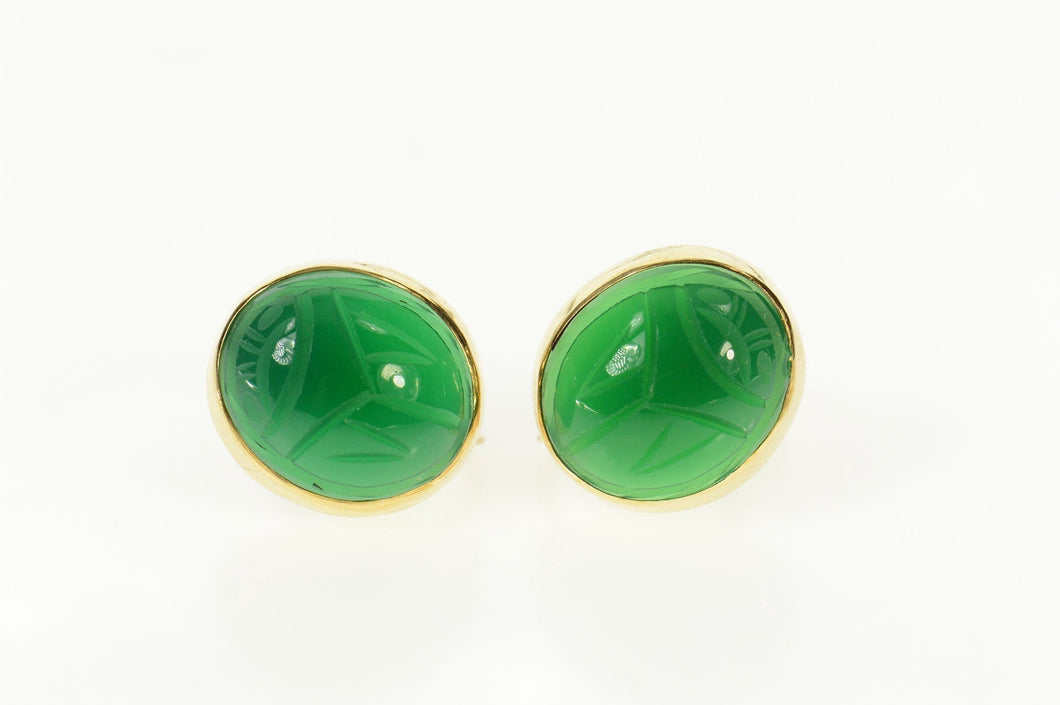 14K Retro Carved Green Agate Scarab Screw Back Earrings Yellow Gold