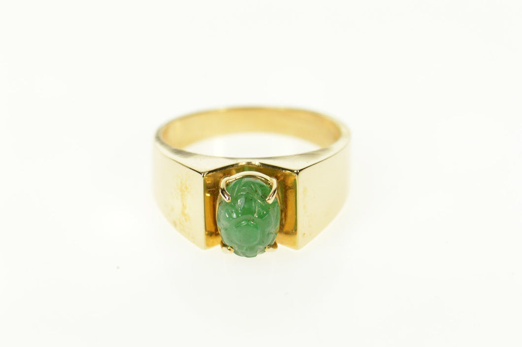 14K Oval Carved Jade Floral Cabochon Statement Ring Size 6.75 Yellow Gold