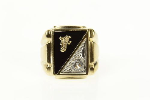 10K F Monogram Black Onyx CZ Squared Retro Ring Size 7.75 Yellow Gold