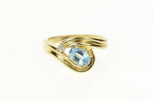 14K Ornate Blue Topaz Diamond Wavy Bypass Ring Size 6.75 Yellow Gold