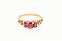 Load image into Gallery viewer, 14K Three Stone Sim. Ruby Ornate Statement Ring Size 7.75 Rose Gold