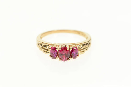 14K Three Stone Sim. Ruby Ornate Statement Ring Size 7.75 Rose Gold