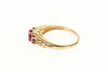 Load image into Gallery viewer, 14K Three Stone Sim. Ruby Ornate Statement Ring Size 7.75 Rose Gold