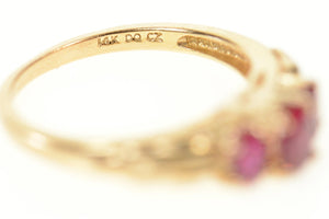 14K Three Stone Sim. Ruby Ornate Statement Ring Size 7.75 Rose Gold