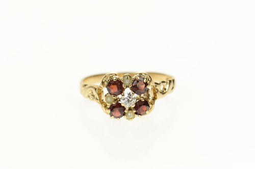 14K Victorian Diamond Garnet Seed Pearl Statement Ring Size 5.5 Yellow Gold