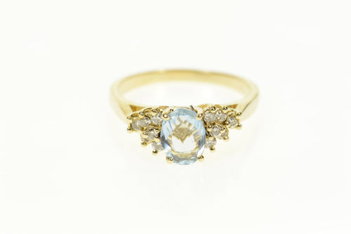 14K Oval Blue Topaz Diamond Cluster Accent Ring Size 7.75 Yellow Gold