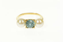 Load image into Gallery viewer, 14K Retro Pearl Syn. Blue Topaz Ornate Statement Ring Size 5.25 Yellow Gold