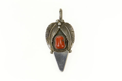 Sterling Silver Native American Coral Ornate Feather Pendant