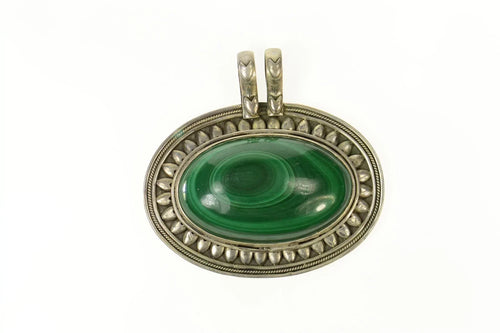 Sterling Silver Oval Malachite Cabochon Ornate Statement Pendant