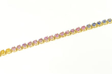 Load image into Gallery viewer, 14K Yellow Pink Green Sapphire Rainbow Tennis Bracelet 8&quot; Yellow Gold