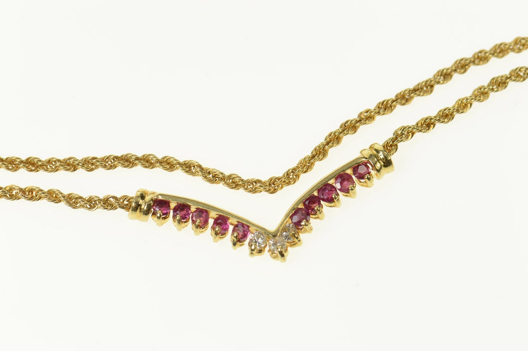 14K Chevron Ruby Diamond Pendant Rope Chain Necklace 18