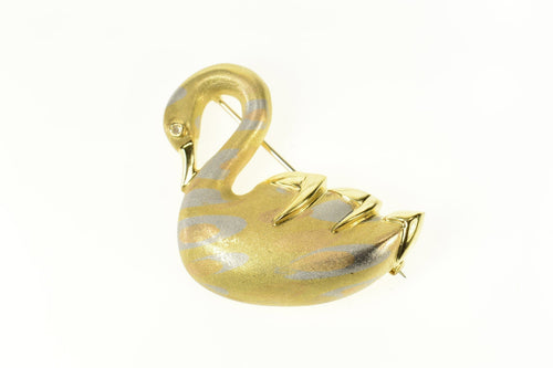 18K Designer Ornate Tri Tone Swirl Swan Pin/Brooch Yellow Gold