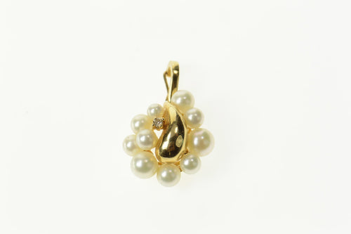 14K Retro Ornate Pearl Diamond Cluster Statement Pendant Yellow Gold