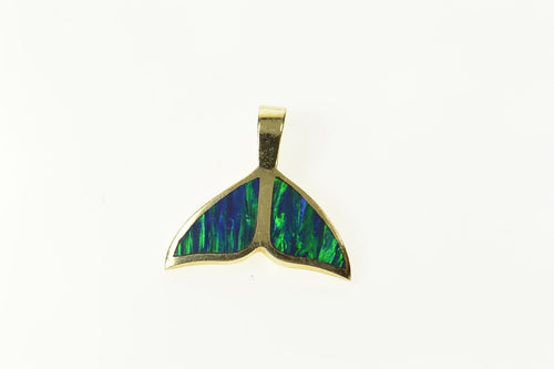 14K Black Opal Inlay Dolphin Fin Fluke Pendant Yellow Gold