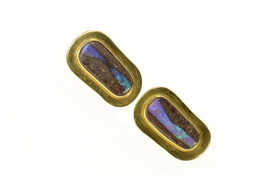 14K Oval Natural Black Opal French Clip Earrings Yellow Gold