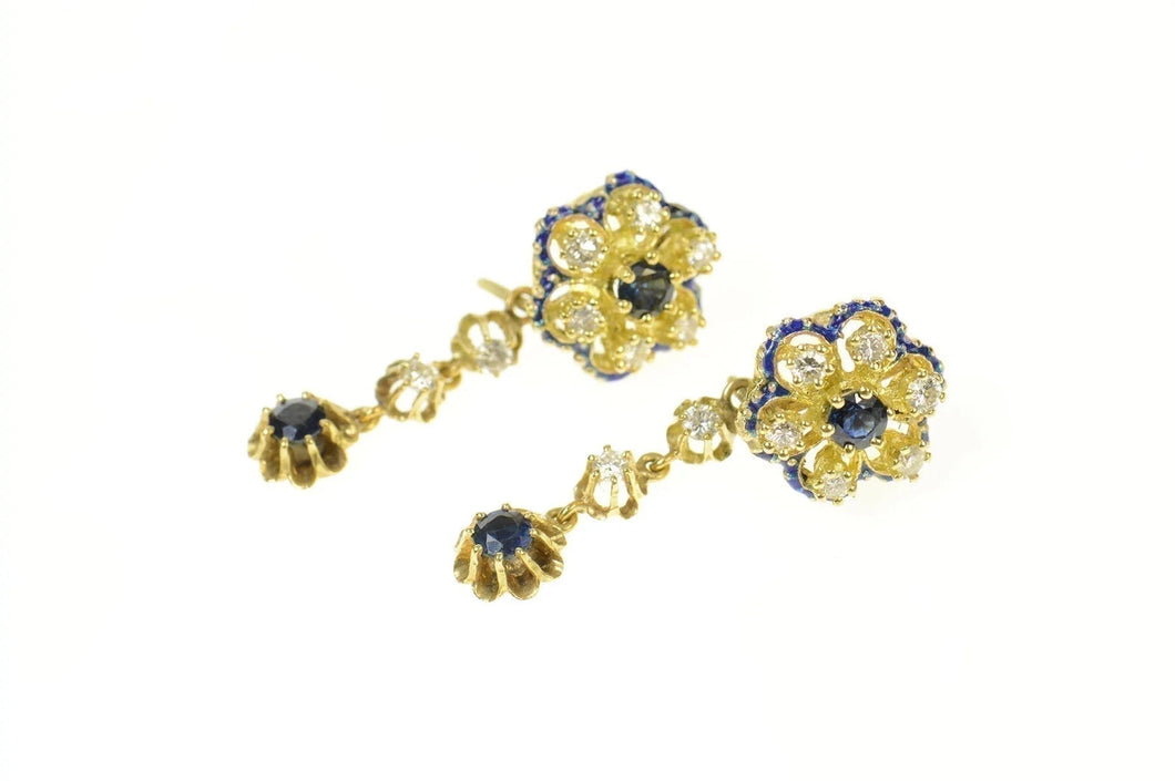 14K Diamond Sapphire Flower Enamel Dangle Earrings Yellow Gold