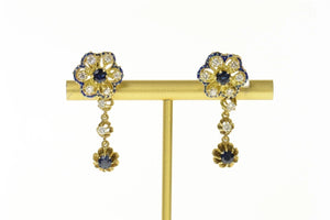 14K Diamond Sapphire Flower Enamel Dangle Earrings Yellow Gold