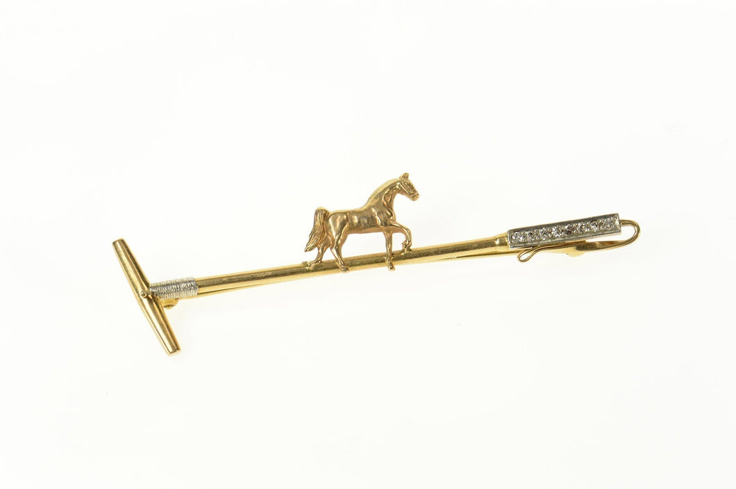 10K Diamond Horse Polo Mallet Polocrosse Pin/Brooch Yellow Gold