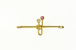 18K 1950's Ruby Diamond Geometric Bar Pin/Brooch Yellow Gold