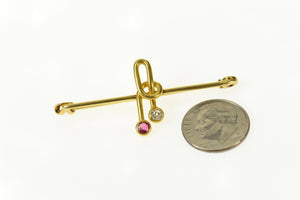 18K 1950's Ruby Diamond Geometric Bar Pin/Brooch Yellow Gold