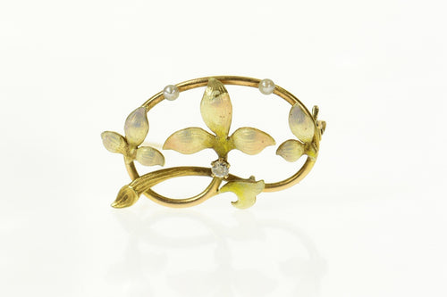 14K Art Nouveau Diamond Seed Pearl Enamel Floral Pin/Brooch Yellow Gold