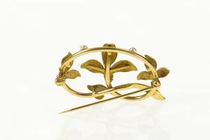 14K Art Nouveau Diamond Seed Pearl Enamel Floral Pin/Brooch Yellow Gold