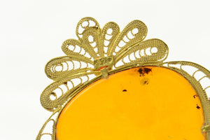 22K 1930's Ornate Amber Filigree Statement Pendant Yellow Gold