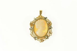 18K Oval Carved Shell Cameo Ornate Statement Pendant Yellow Gold