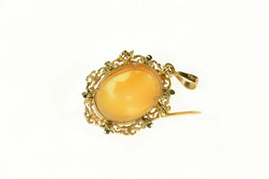 18K Oval Carved Shell Cameo Ornate Statement Pendant Yellow Gold