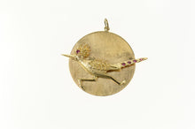 Load image into Gallery viewer, 14K Retro Ornate Syn. Ruby Roadrunner Medallion Charm/Pendant Yellow Gold