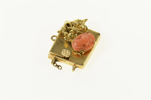 14K Oval Carved Coral Cameo Ornate Floral Box Clasp Yellow Gold