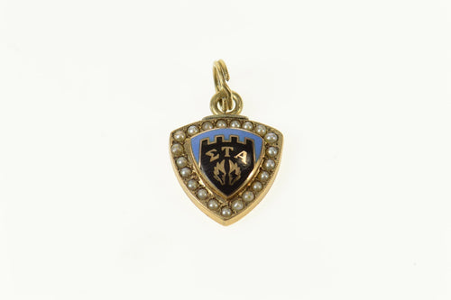 10K Sigma Tau Alpha Enamel Seed Pearl Charm/Pendant Yellow Gold
