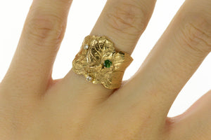 14K Emerald Diamond Textured Retro Leaf Statement Ring Size 7.25 Yellow Gold
