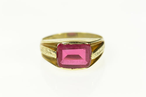 14K Art Deco Syn. Ruby Ornate Squared Statement Ring Size 5.75 Yellow Gold